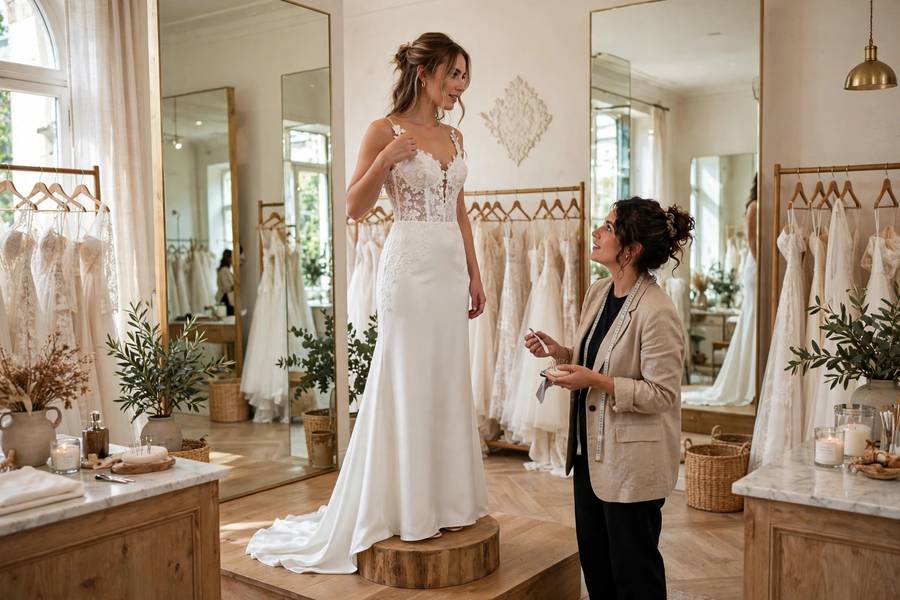 A classic A-line gown in a garden — the most universally flattering silhouette when deciding how to choose a wedding dress