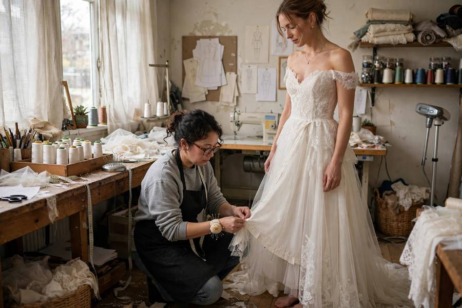 Dress alterations in progress — proper fittings are essential after you choose a wedding dress