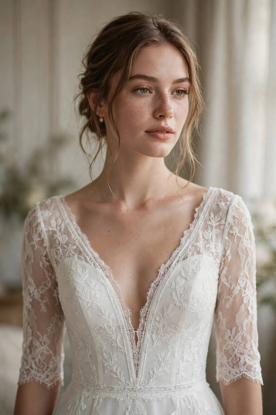 V-neck wedding dress on bride