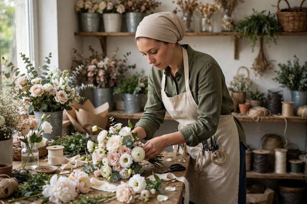 A florist in modest clothing arranging wedding flowers at a worktable