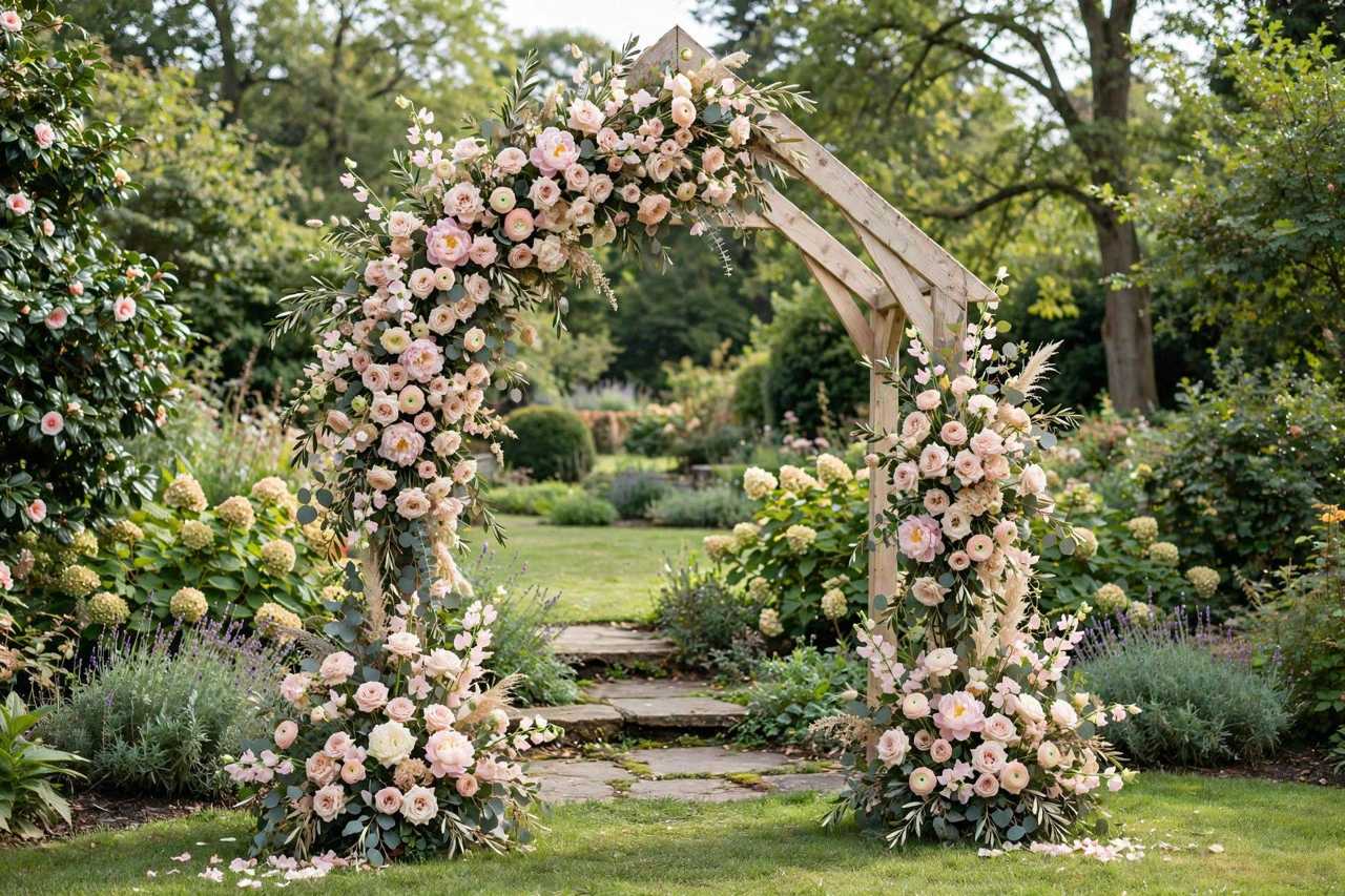 Elegant wedding ceremony arch decorated with abundant seasonal flowers