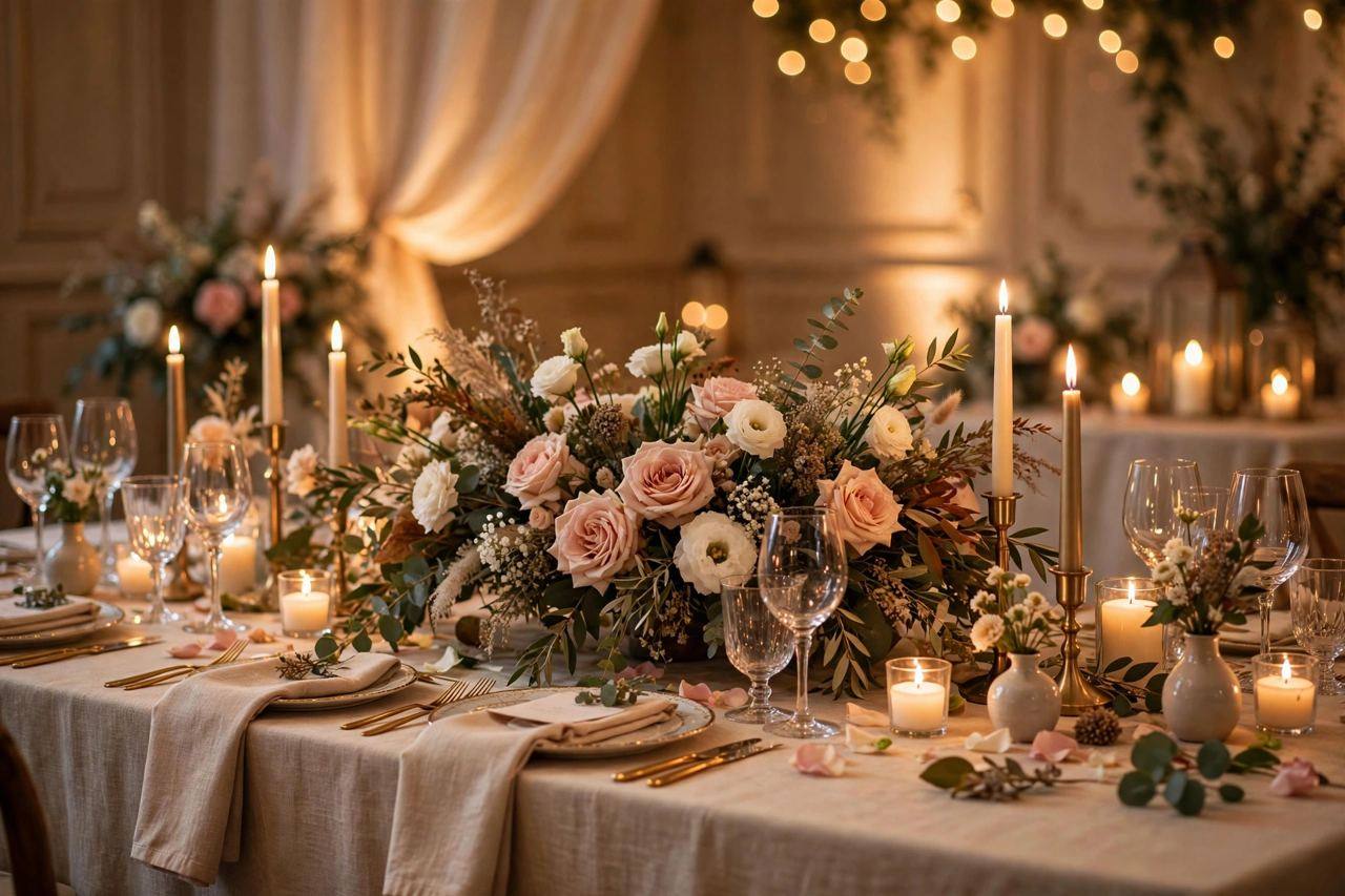 Elegant wedding reception table with candles and floral centerpieces in warm light