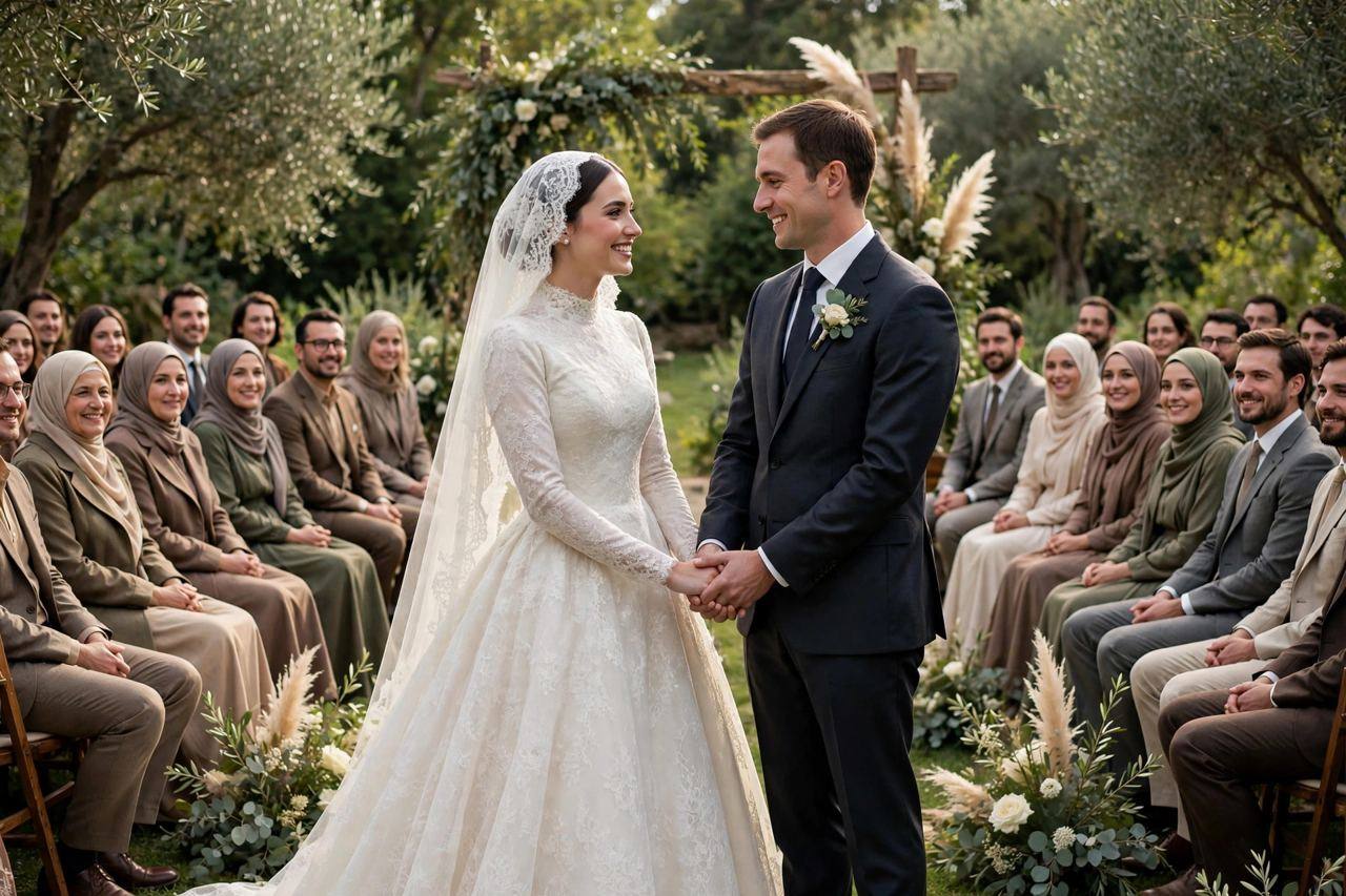 Bride and groom holding hands at an outdoor wedding ceremony with guests seated