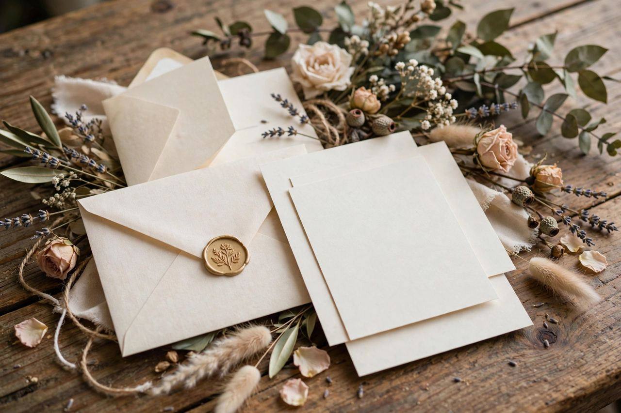 Close-up of wedding invitation suite with flowers on a wooden table