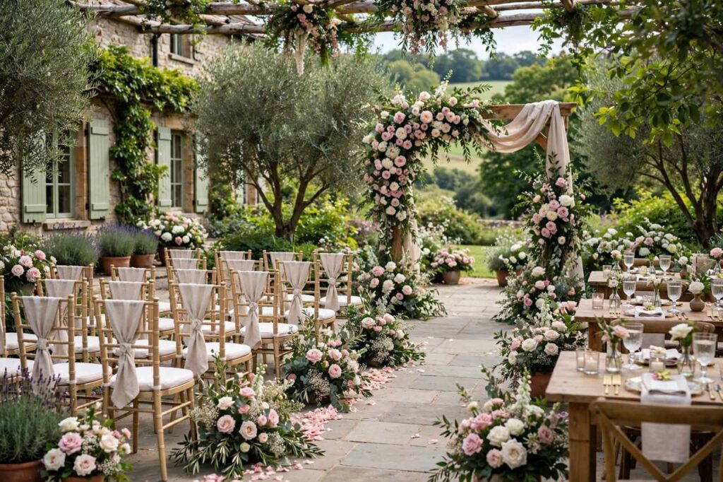 Romantic wedding venue decorated with flowers and elegant seating