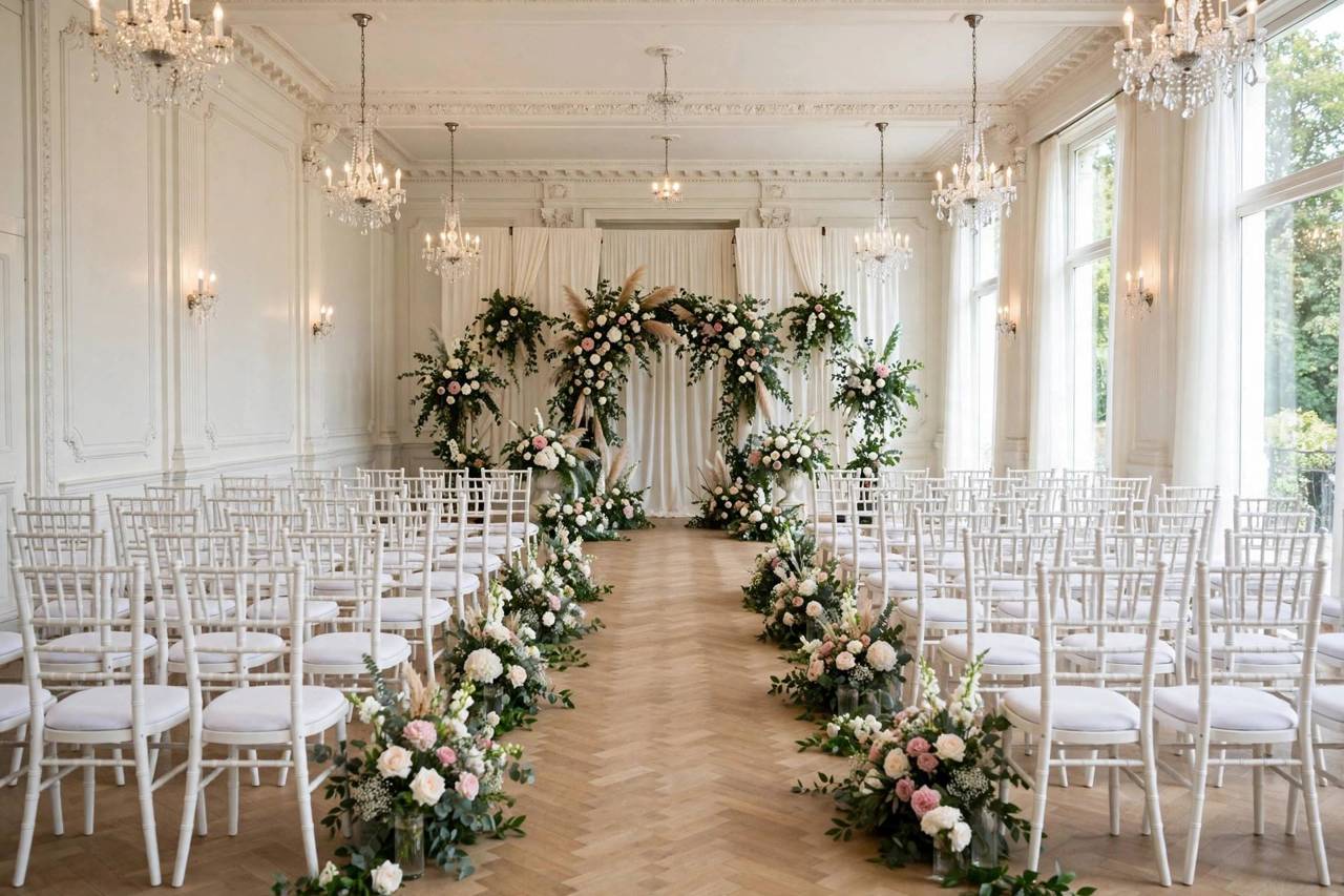 Elegant wedding venue hall set up for a ceremony with flowers