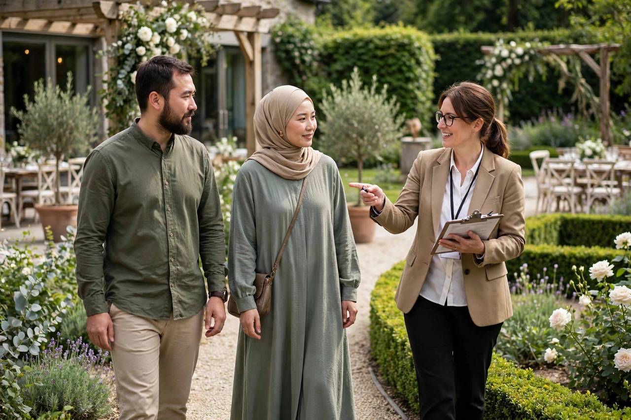 Couple touring a wedding venue garden with a coordinator
