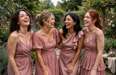 Bridesmaids in mismatched dusty rose dresses — a modern approach to how to choose bridesmaid dresses