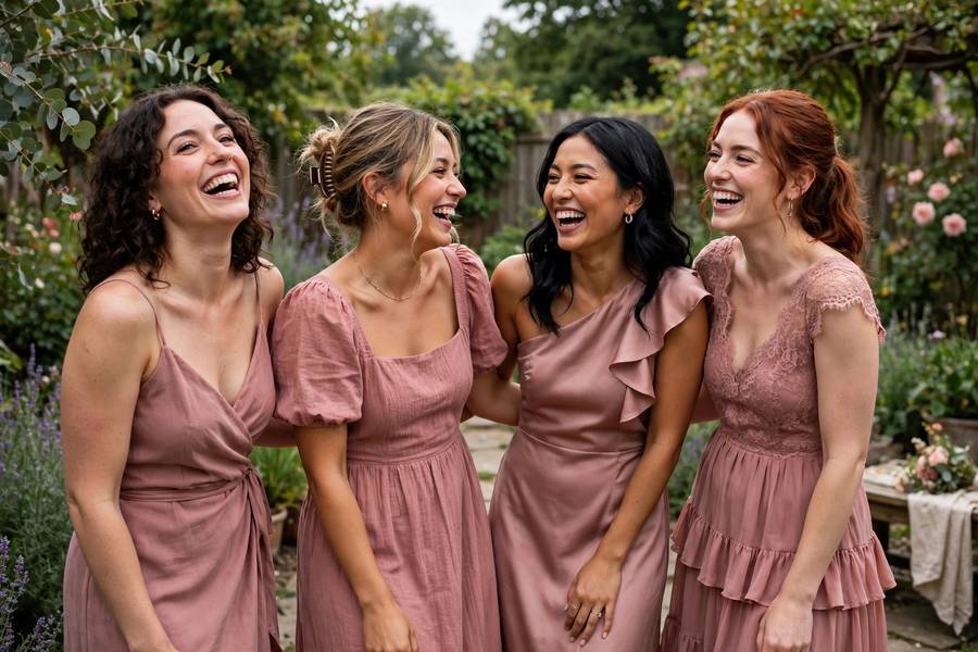 Bridesmaids in mismatched dusty rose dresses — a modern approach to how to choose bridesmaid dresses