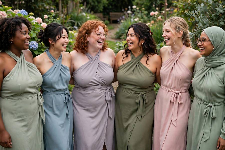 Different body types in flattering styles — the goal when deciding how to choose bridesmaid dresses