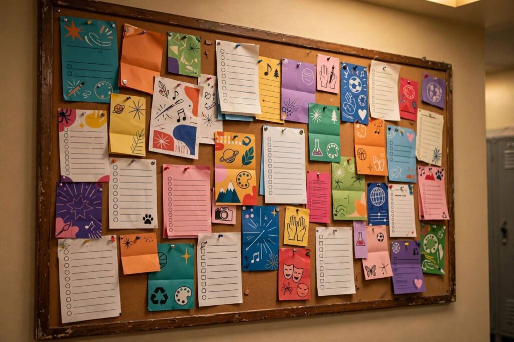 High school bulletin board covered in colorful club flyers and sign-up sheets
