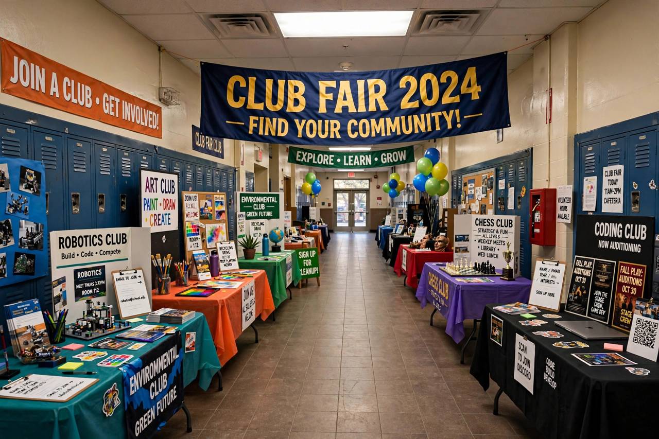 School hallway club fair with colorful activity booths and sign-up tables