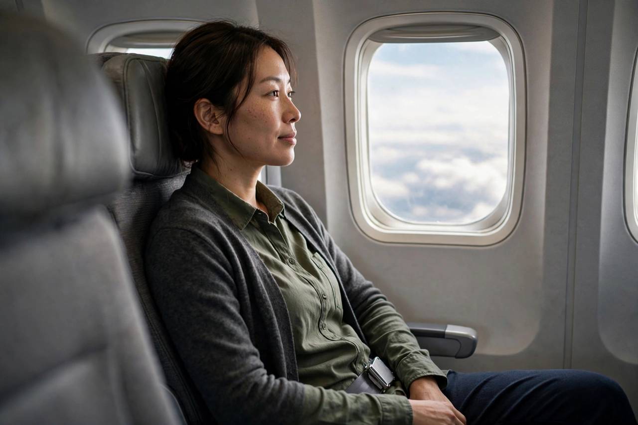 A passenger in modest clothing relaxing in a comfortable airplane window seat