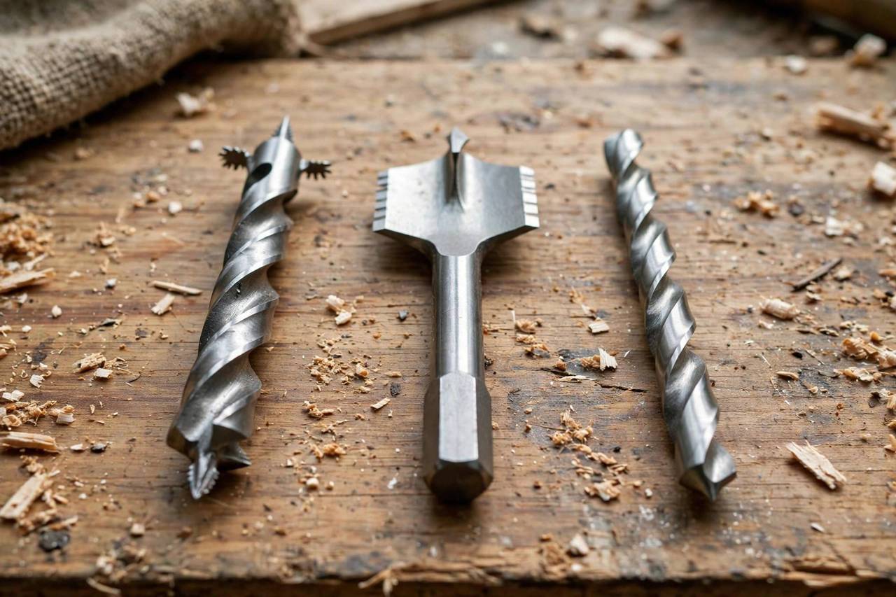 Brad-point, spade, and twist drill bits laid out side by side on a workbench