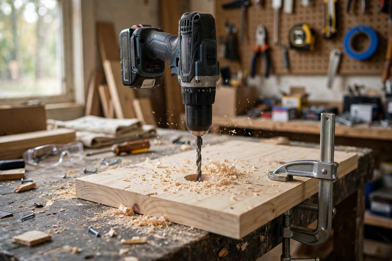 A drill boring a clean hole into a clamped wooden board in a workshop