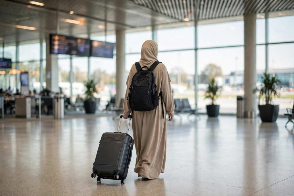 Traveler in an airport with a well-chosen carry-on suitcase, spinner wheels visible