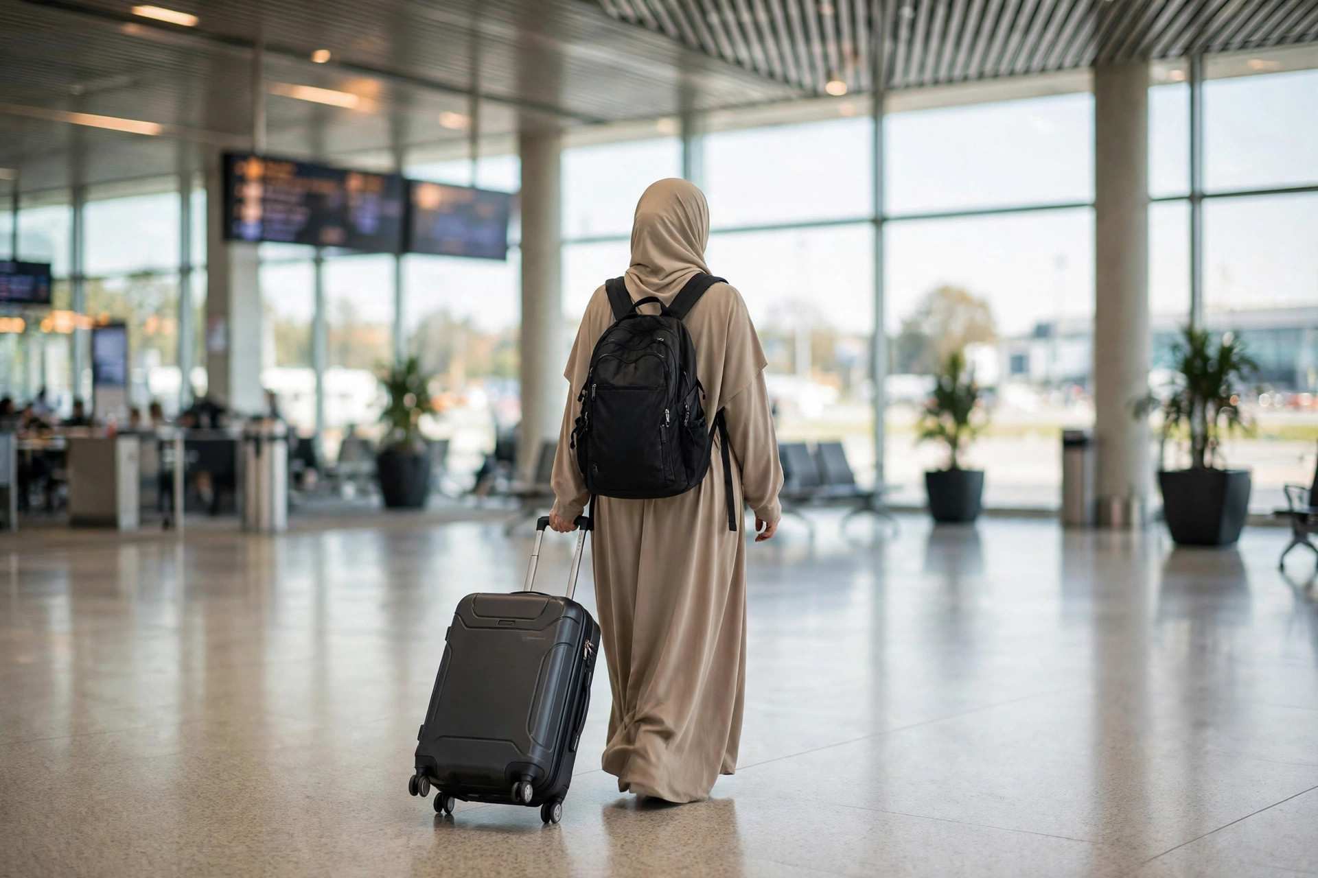 Traveler in an airport with a well-chosen carry-on suitcase, spinner wheels visible