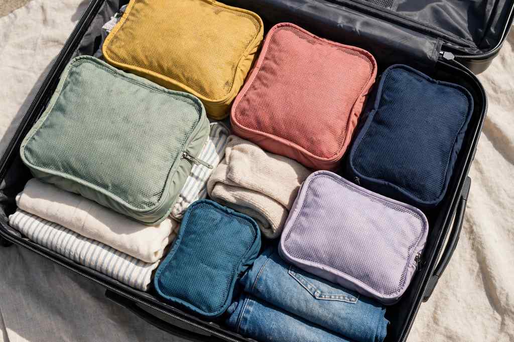 Packed suitcase with packing cubes neatly organized inside