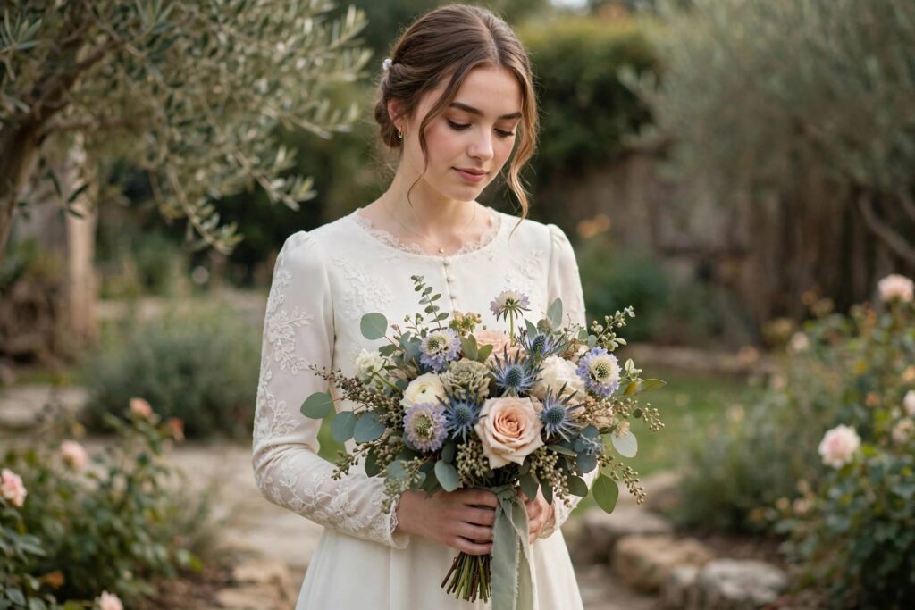 Bride holding a bouquet with a curated wedding color palette