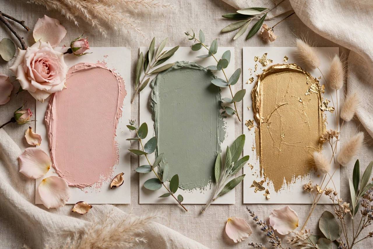 Elegant wedding color palette swatches in blush sage and gold tones