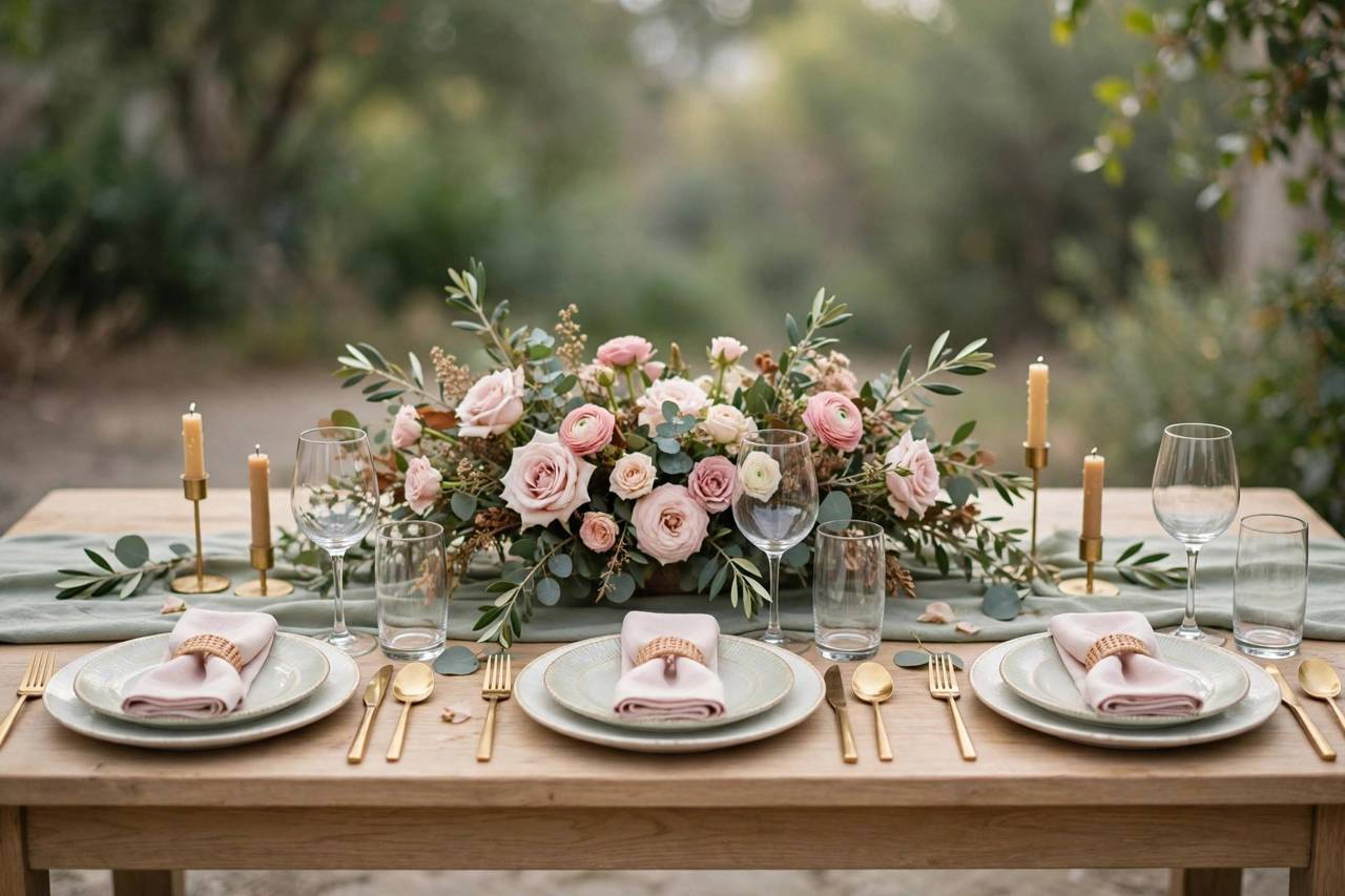 Wedding table setting with coordinated colors flowers and tableware