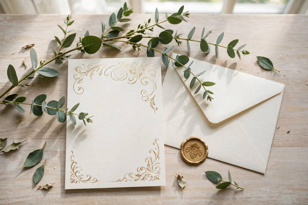 Elegant flat-lay of wedding invitations with envelope, wax seal, and greenery on a table