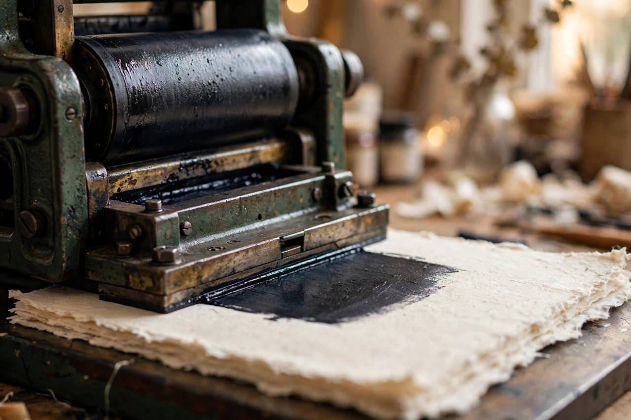 Close-up of a letterpress printing machine pressing ink into thick cotton invitation paper