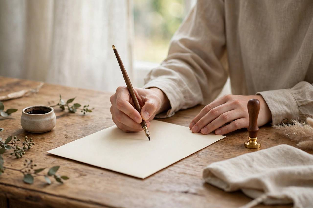 Hands addressing wedding invitation envelopes with calligraphy pen at a desk