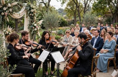 A string quartet at a ceremony — how to choose wedding music starts with the ceremony musicians