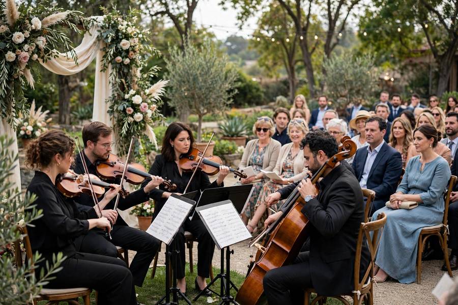 A string quartet at a ceremony — how to choose wedding music starts with the ceremony musicians