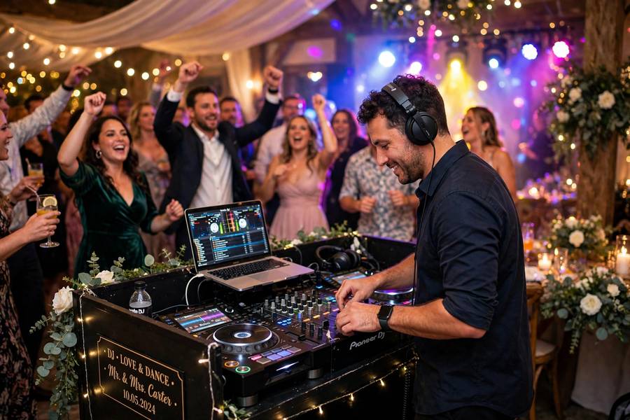 DJ keeping the dance floor packed — how to choose wedding music means deciding between DJ and live band