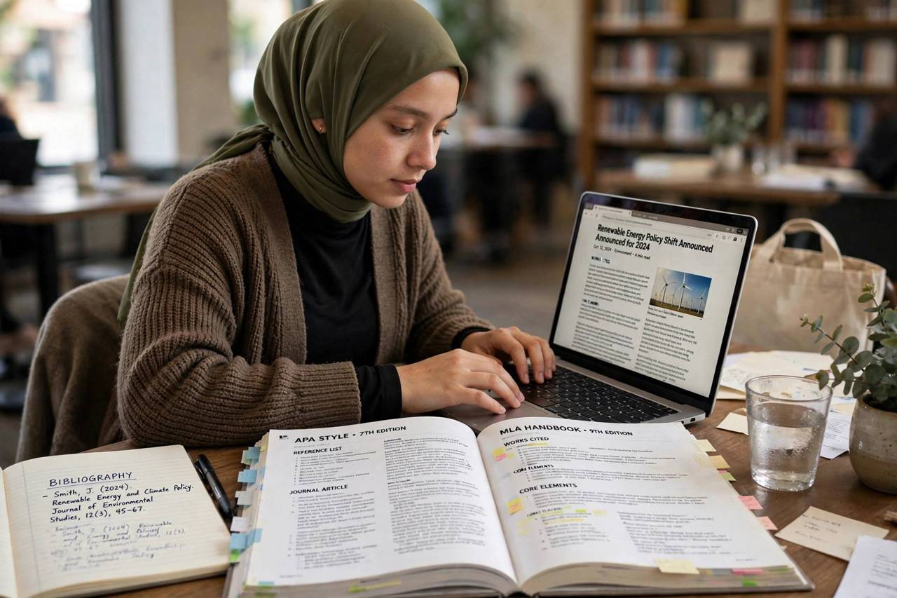 A student typing a bibliography with open style guides and a news article on screen