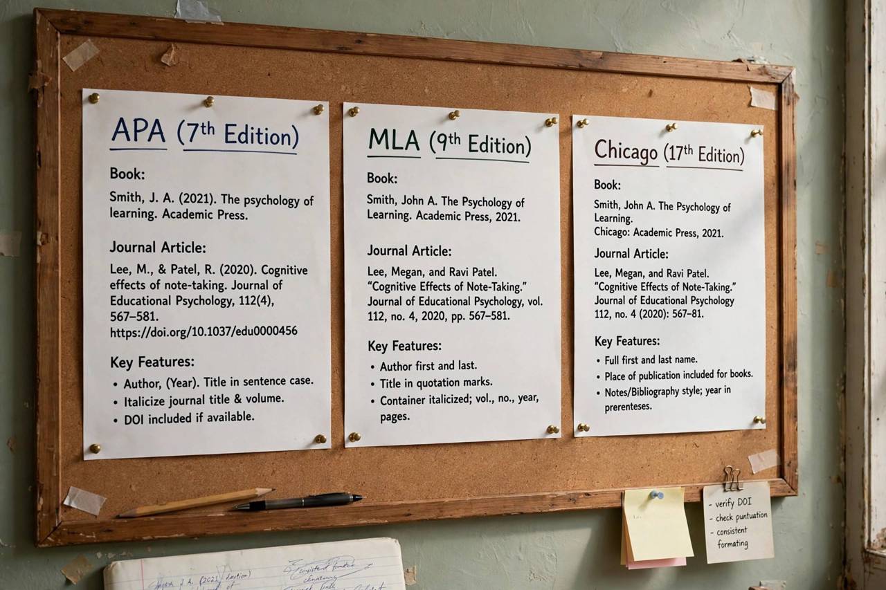 A comparison chart of APA, MLA, and Chicago citation formats pinned on a study wall