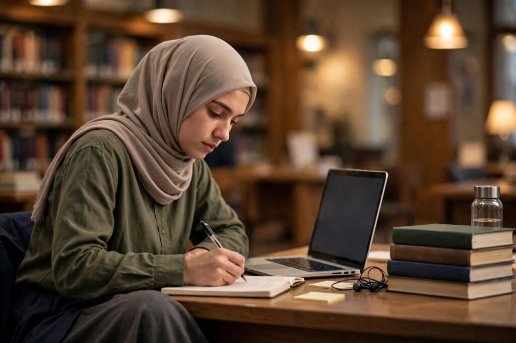 Student in modest full-coverage clothing writing a reference list at a desk with style guide books