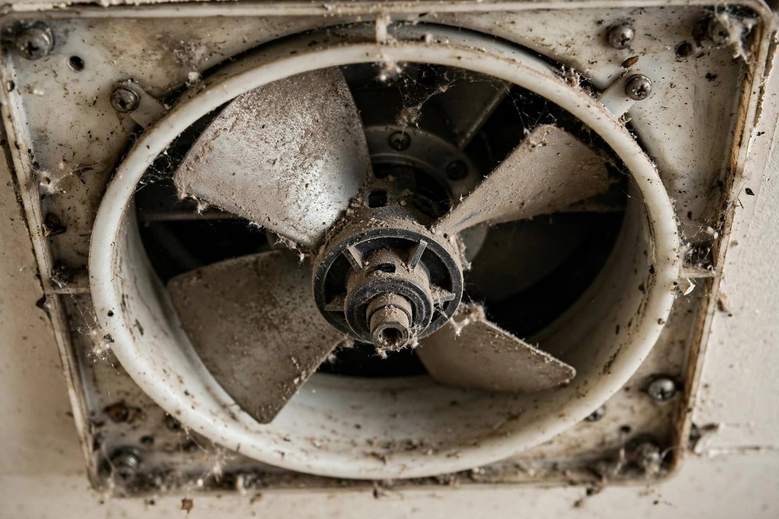Close-up of a dusty bathroom exhaust fan with the cover removed showing the blades