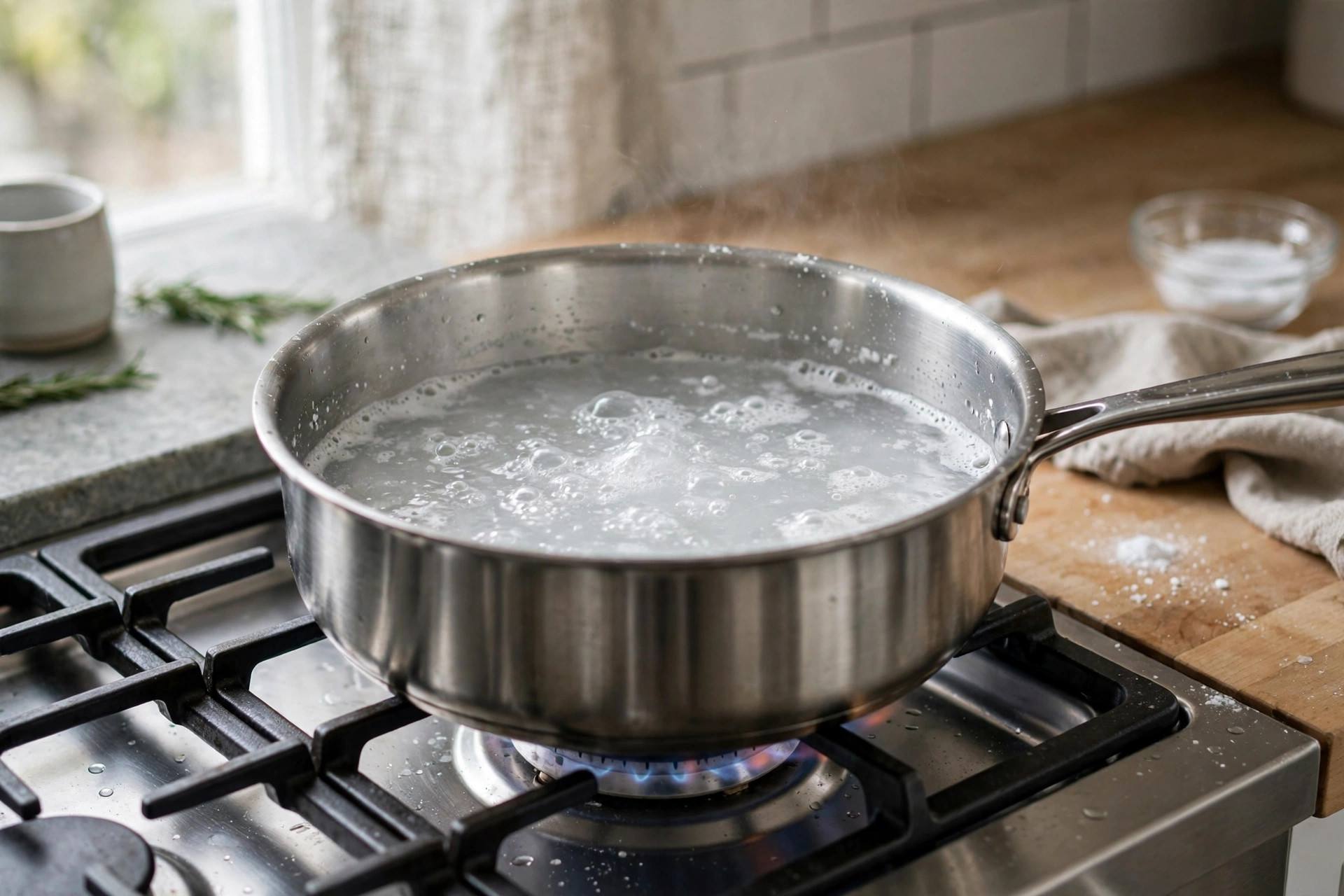 A stainless steel pan simmering with baking soda water on a stovetop