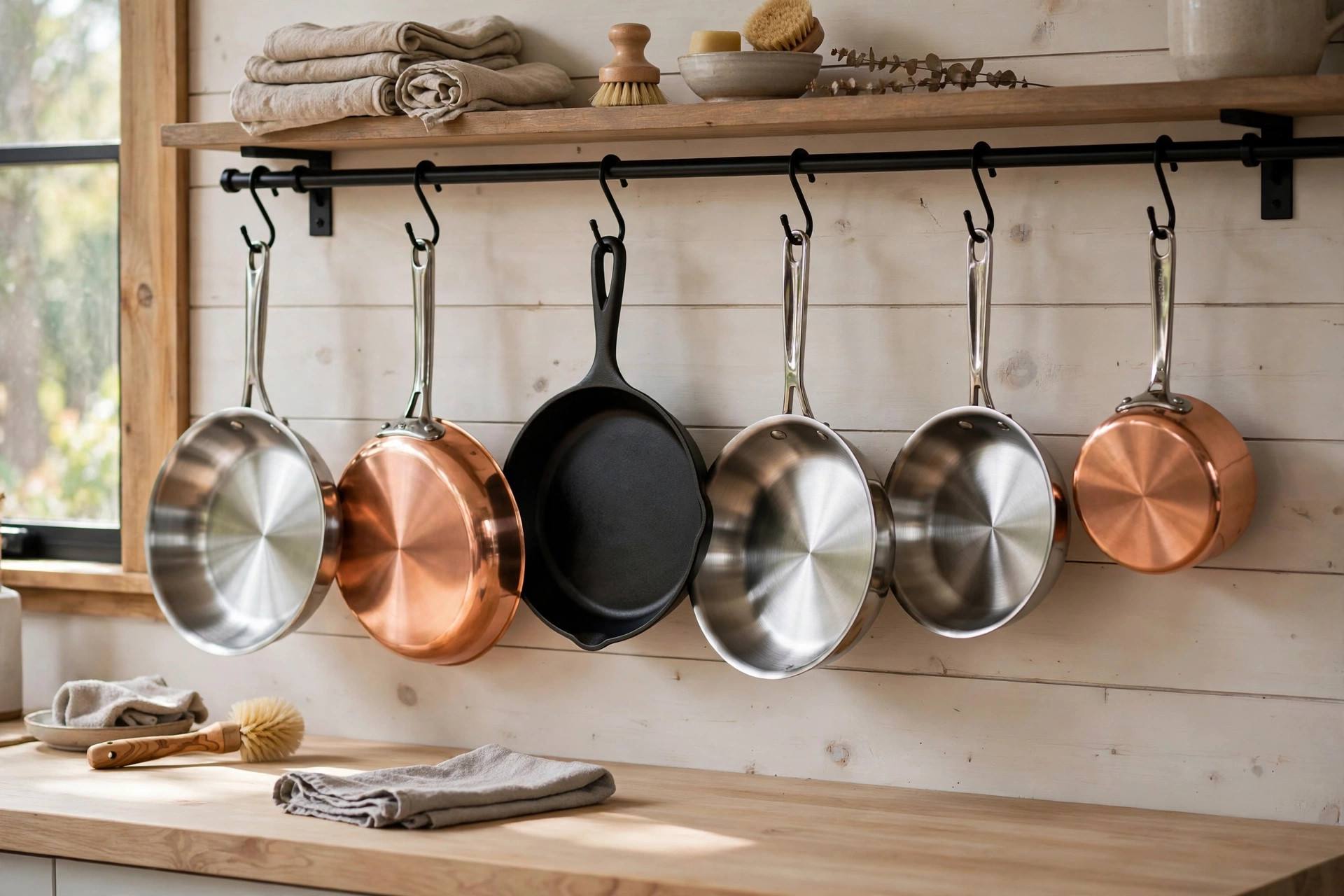 A row of clean pans hanging in a kitchen after being restored