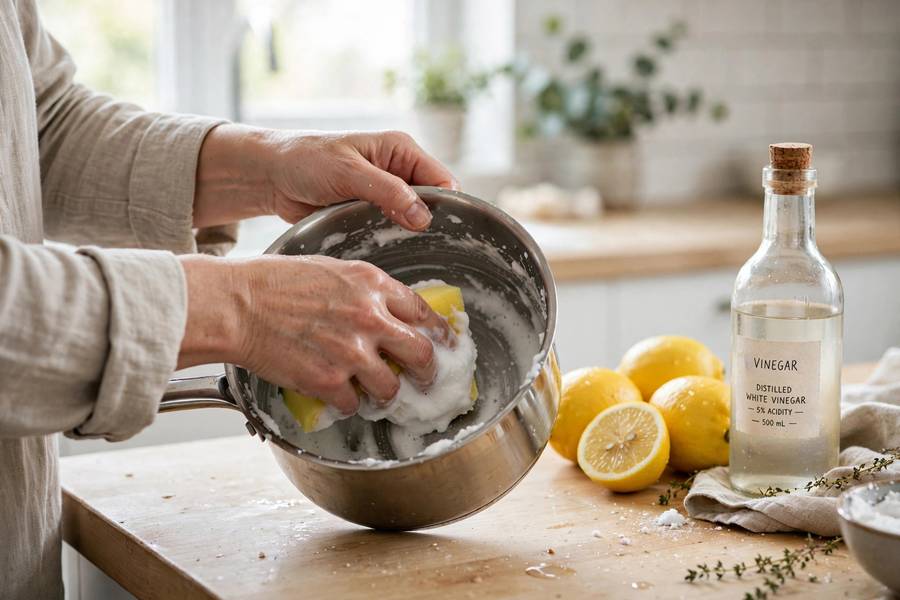 Hands scrubbing a pot with baking soda paste using a sponge, with lemons and vinegar nearby