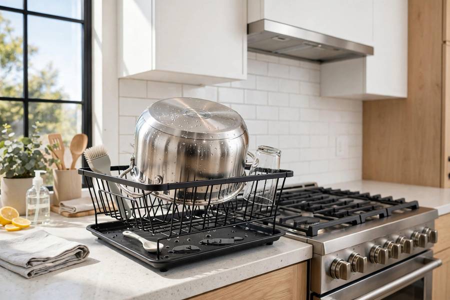 A sparkling clean stainless steel pot drying on a rack next to a stove in a bright kitchen