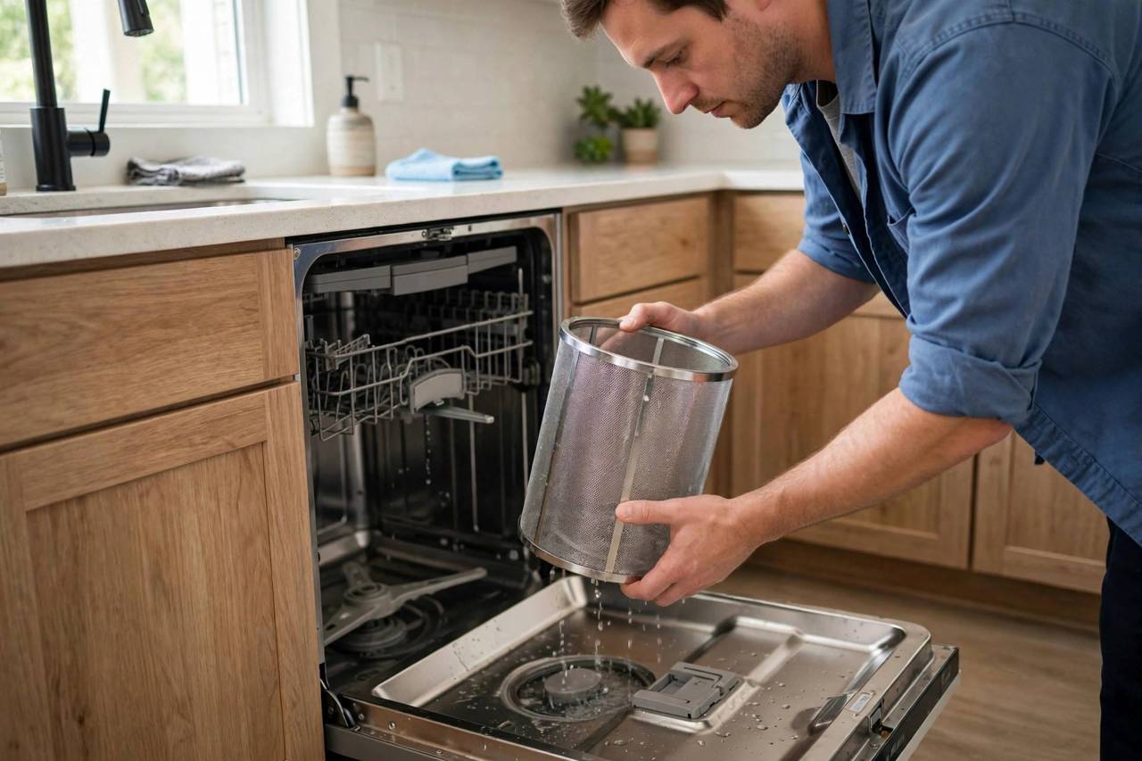Person in a work shirt removing a cylindrical mesh dishwasher filter from the bottom of an open dishwasher