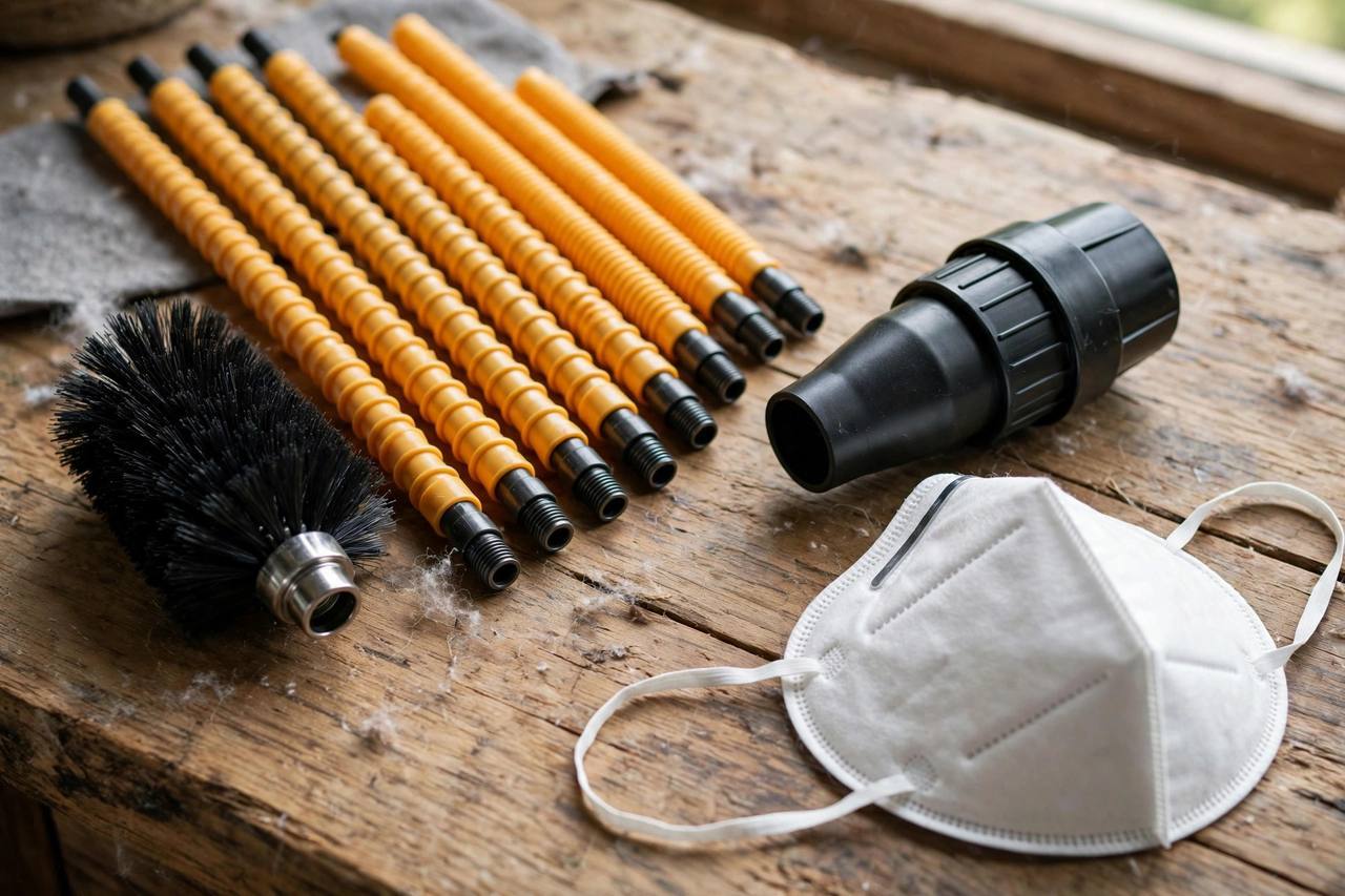 Dryer vent cleaning brush kit with flexible rods, lint brush head, vacuum hose adapter and dust mask laid out on a table