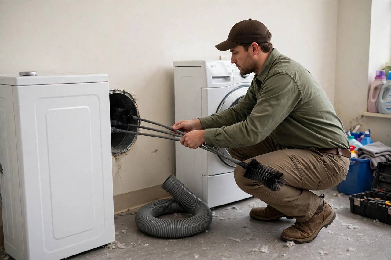 Person feeding a flexible rotary brush on extension rods into a dryer vent duct behind a pulled-out dryer
