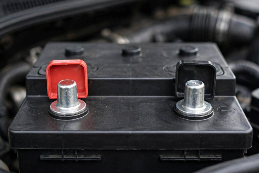 Car battery with clean terminals close-up