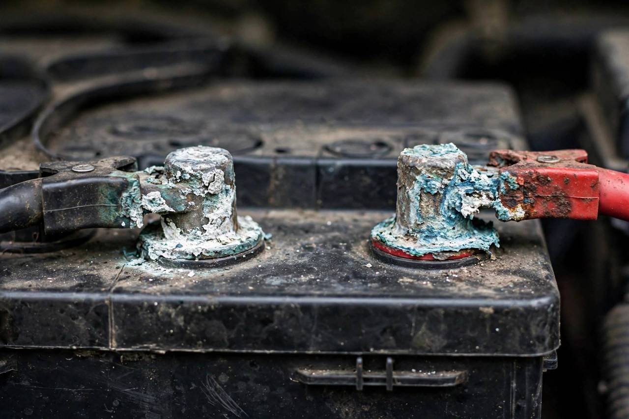 Car battery with corroded terminals close-up