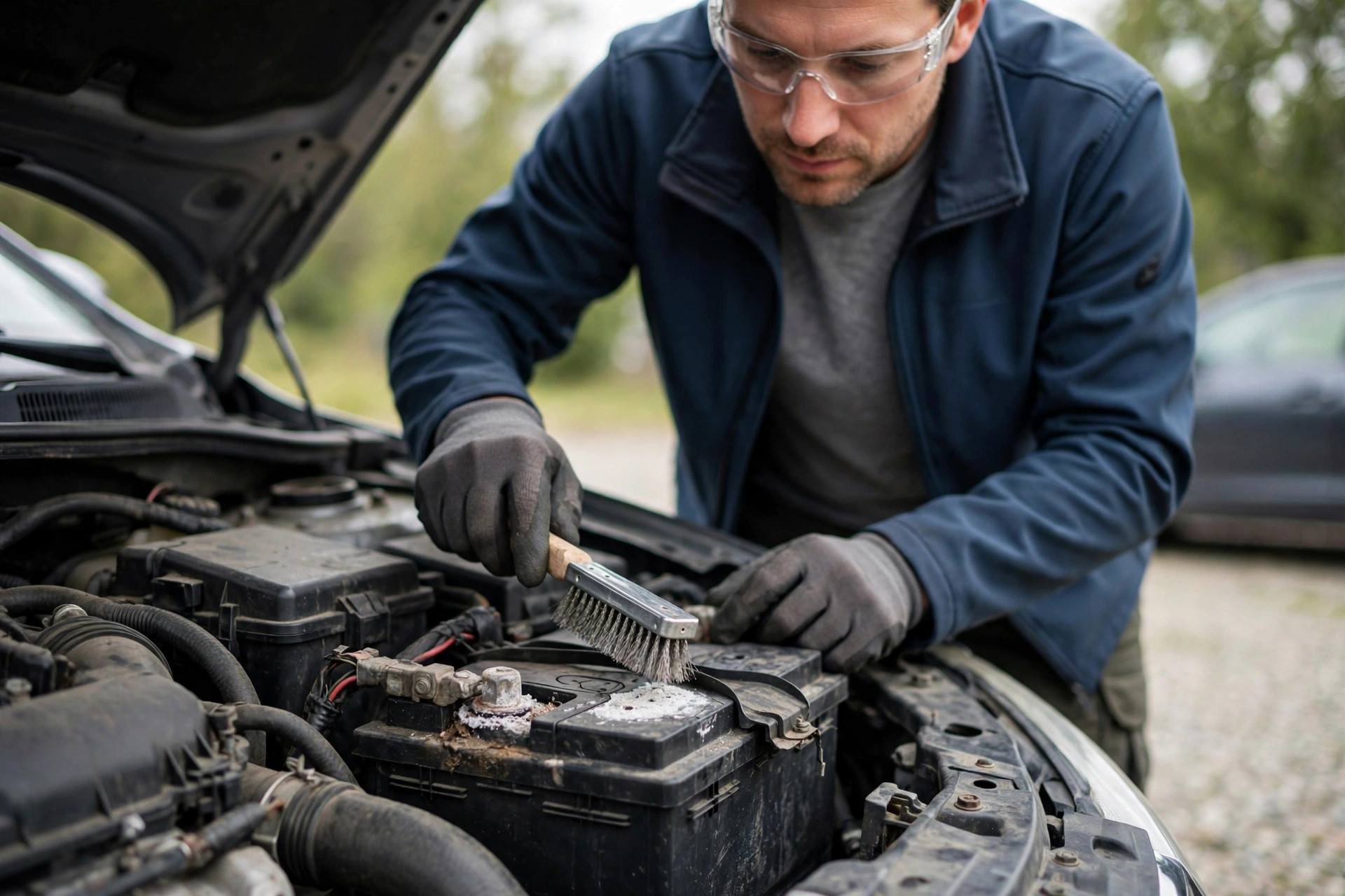 Person cleaning battery terminals with a wire brush