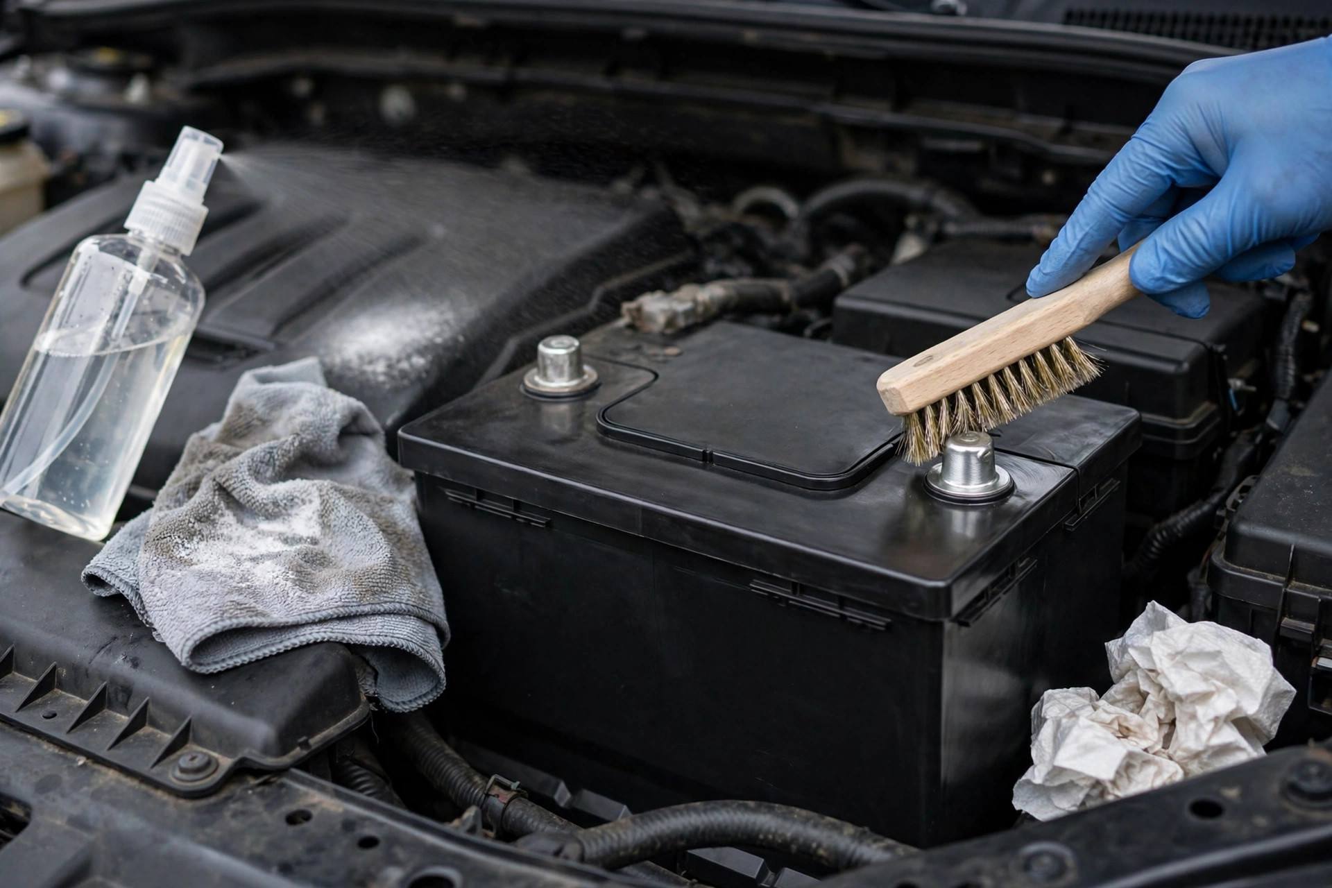 Clean car battery terminals after maintenance