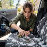 How to Clean Car Upholstery: Cloth and Leather (Mechanic's Guide) Scrubbing a cloth car seat during how to clean car upholstery