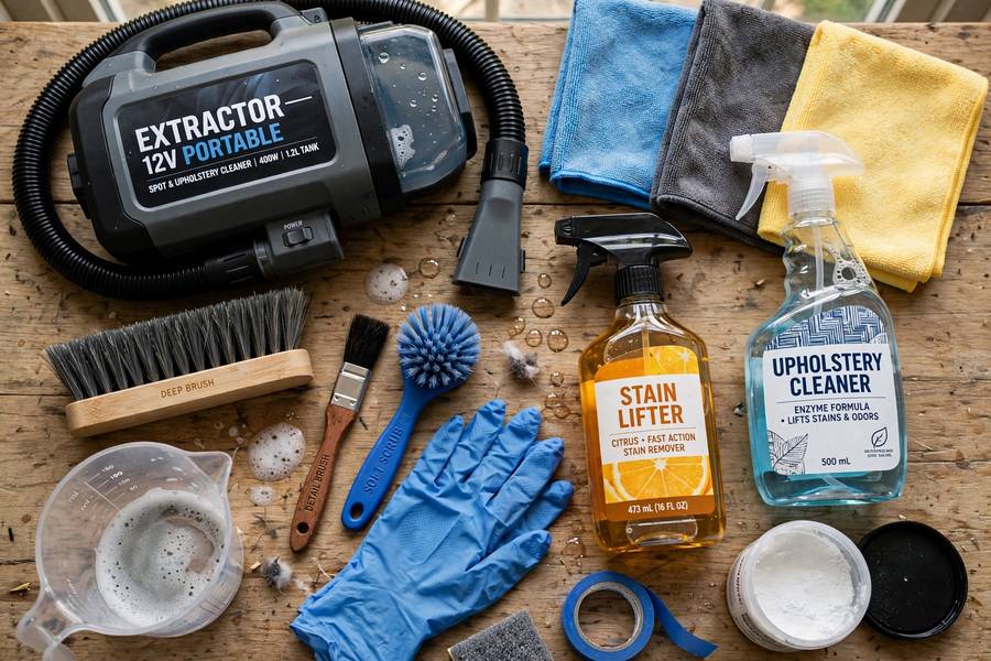 Cleaning supplies for how to clean car upholstery arranged on a table