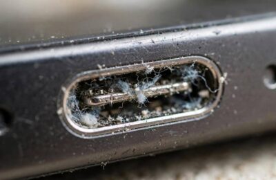 Lint packed inside an iPhone charging port that needs cleaning before it charges properly