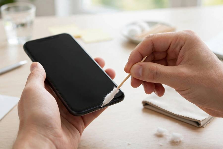 Safely cleaning an iPhone charging port with a wooden toothpick